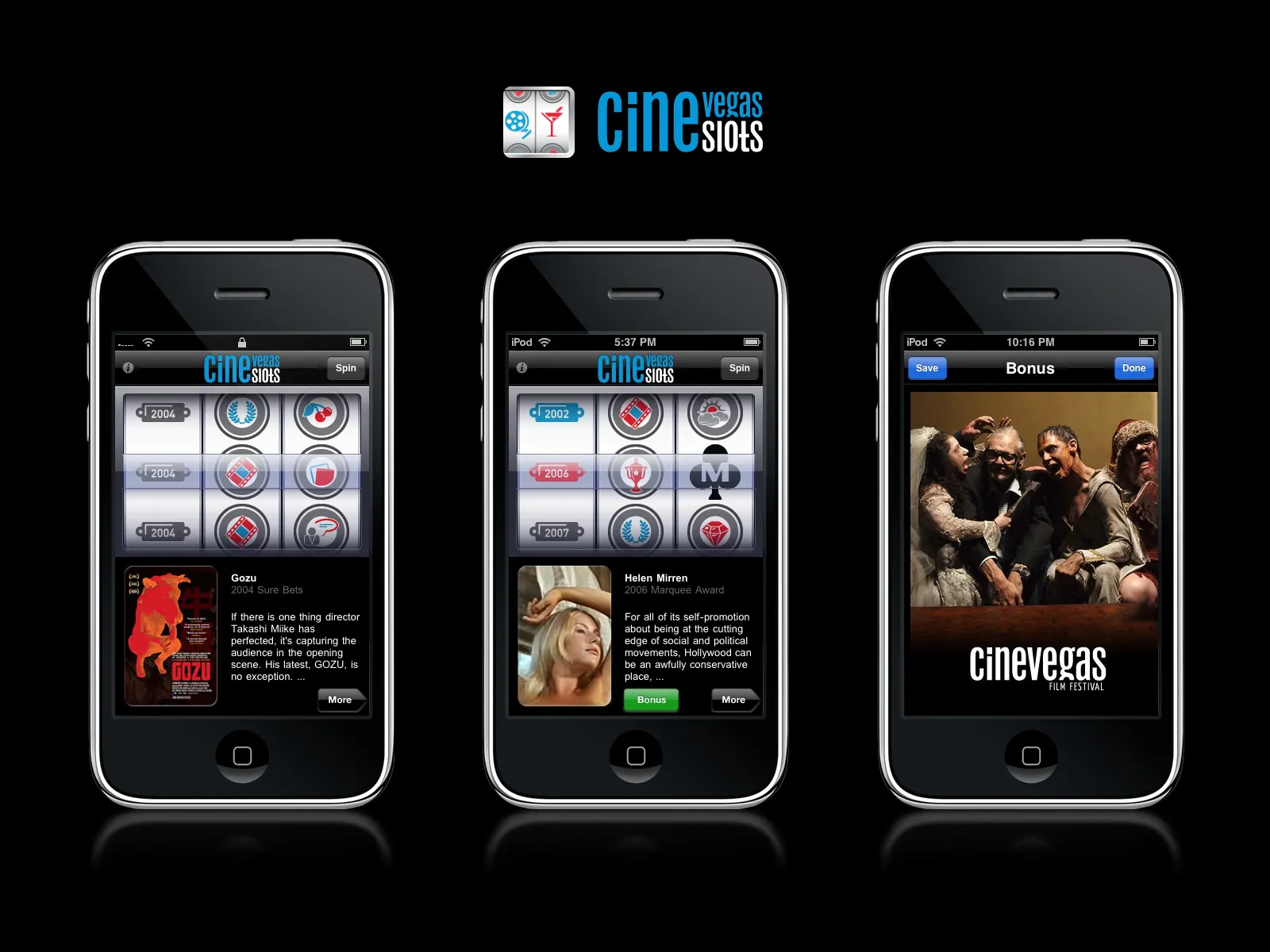 CineSlots — the slot machine mechanic as film discovery. Pull for a random recommendation from the festival program. Pure Las Vegas energy applied to a Sundance-adjacent problem.