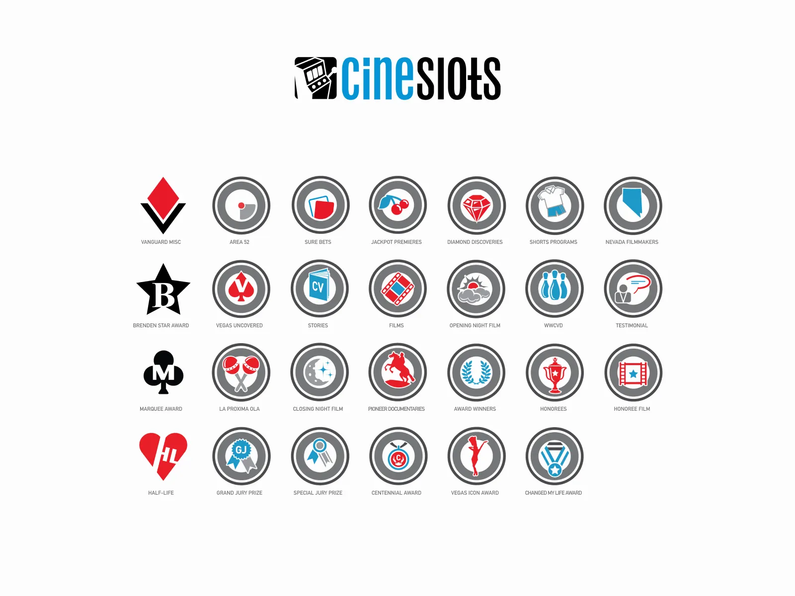 CineSlots icon set — casino iconography (cards, dice, reels) reframed around film genres. Built for iOS 3, when a festival app was still a novelty.