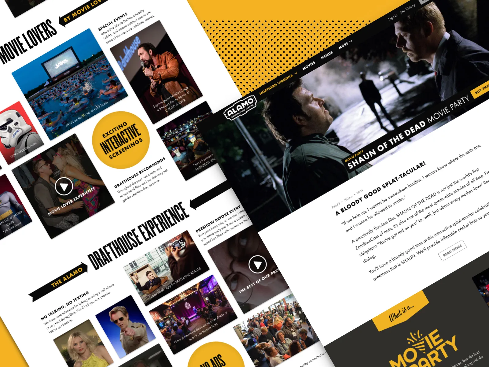 Film page and showtime browsing — poster art as first-class content, not a thumbnail. Showtimes and locations collapse into the film's own page rather than forcing users to a separate browsing flow.