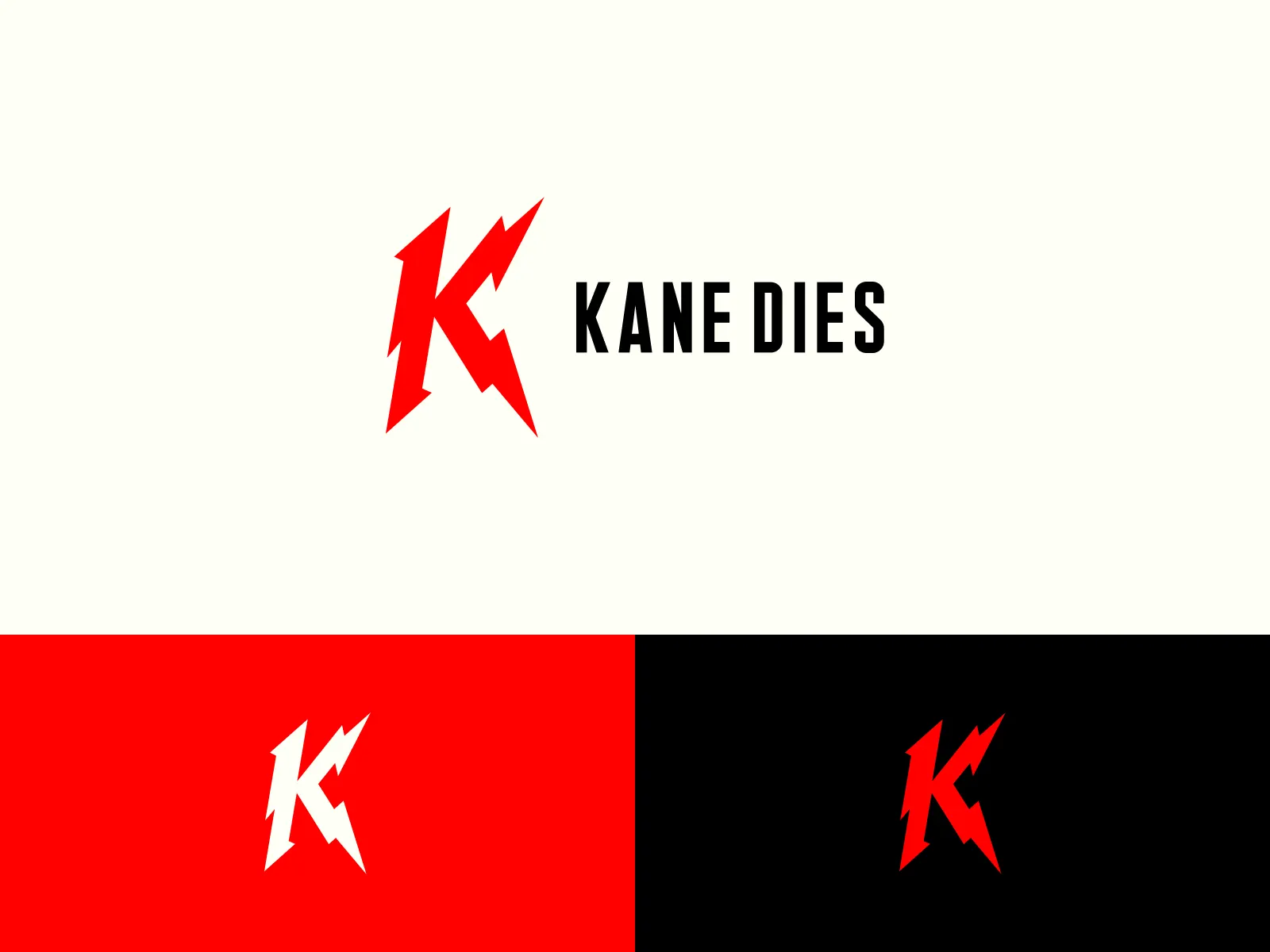 Logo and wordmark on white, red, and black — the K mark holds across all three backgrounds without adjustment. Red and black are the only colors the brand needs.