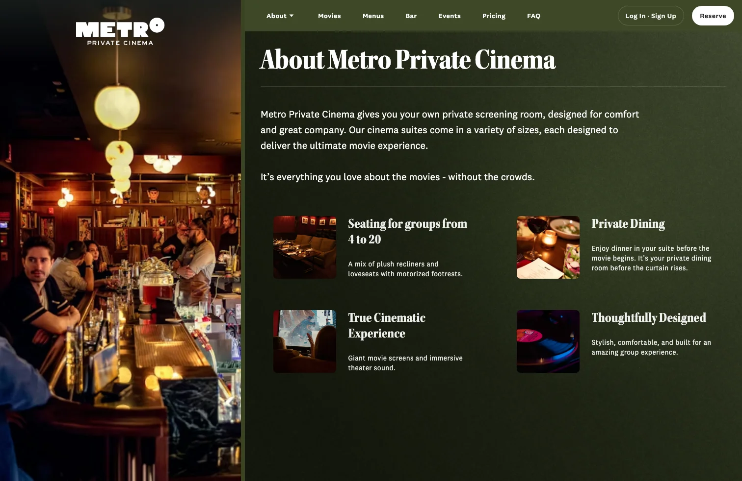 About page — food and drinks section names every service moment: family-style before the film, dessert during, ninja service throughout. Service details as brand voice, not fine print.