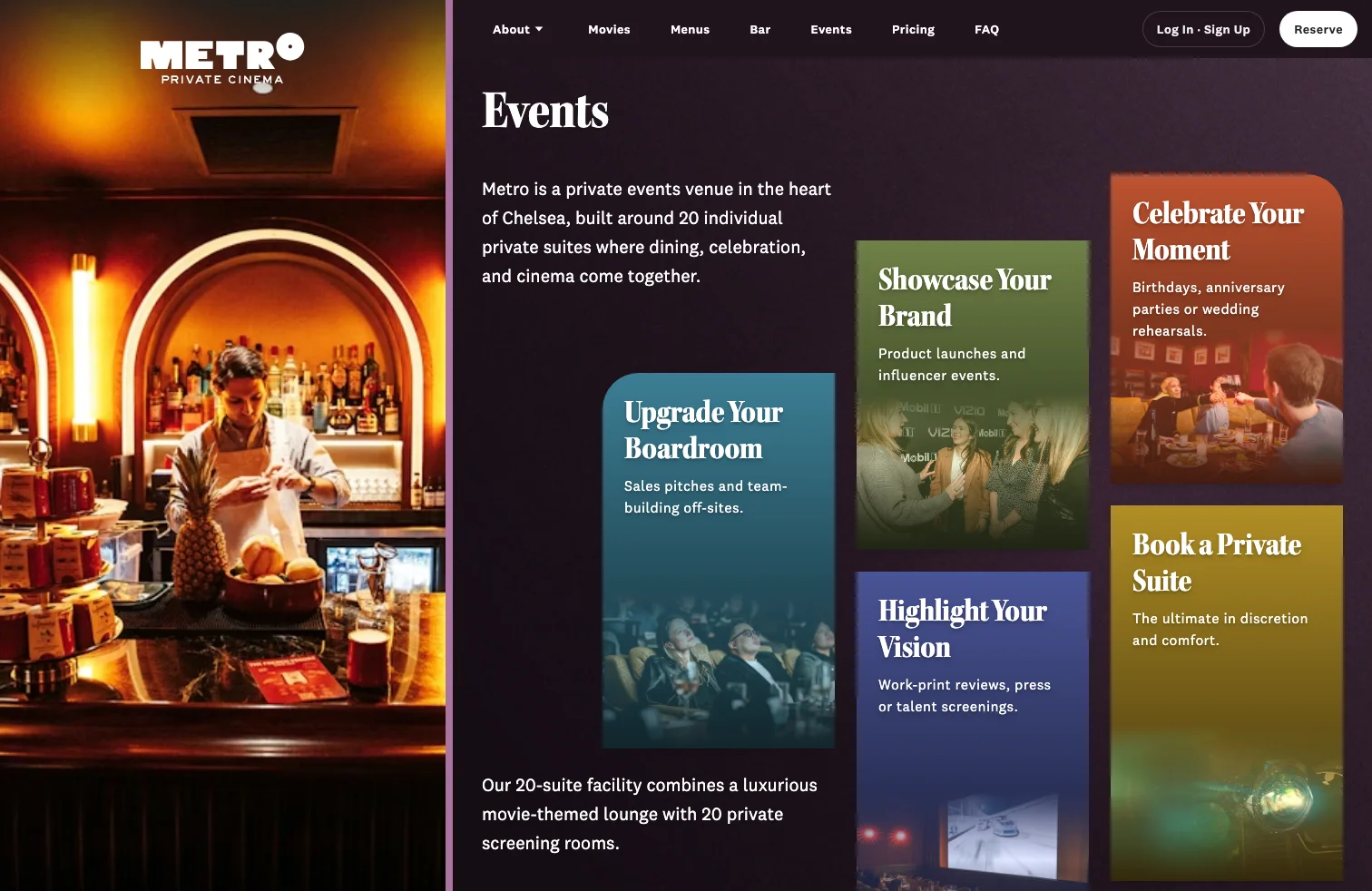 Events page — four named use-case cards (Upgrade Your Boardroom, Showcase Your Brand, Highlight Your Vision, Celebrate Your Moment) give the 20-suite facility a clear taxonomy for non-movie bookings.