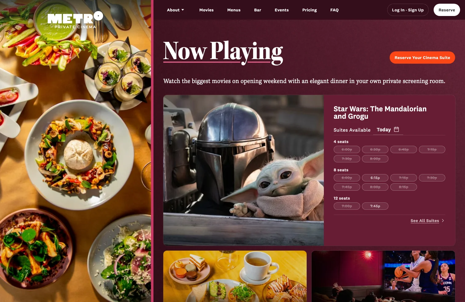 Homepage — Now Playing leads with current titles as if reading a marquee. The Reserve CTA sits directly on each film card rather than routing through a separate browsing flow.