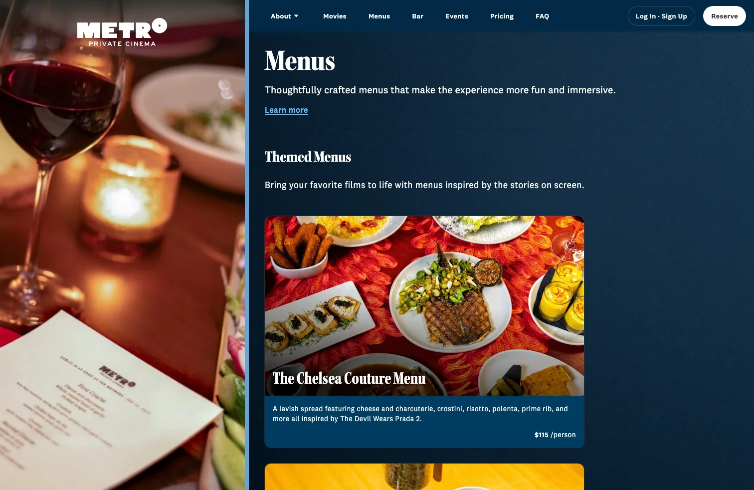 Menus page — movie-themed menus as named objects, each with photography and a per-person price. The Chelsea Couture Menu pairs Devil Wears Prada 2 with the food at the ingredient level.