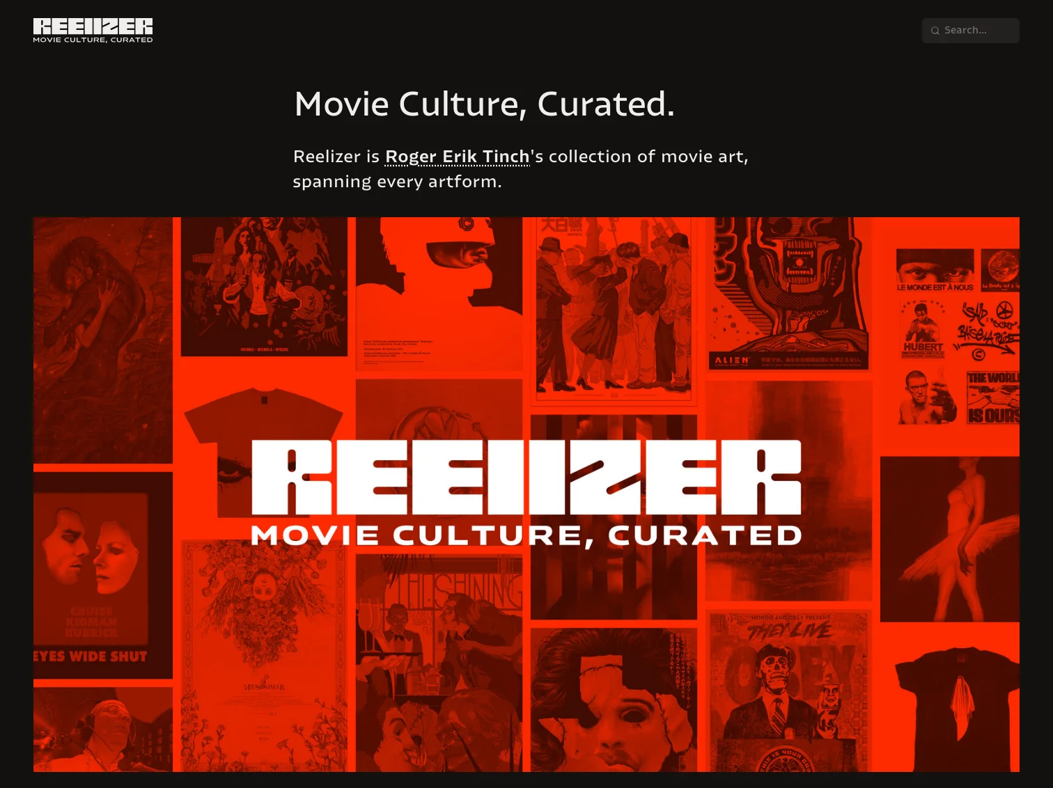 Reelizer about page — the heading 'Movie Culture, Curated.' above a red-tinted collage of works from the archive with the Reelizer logotype across it.