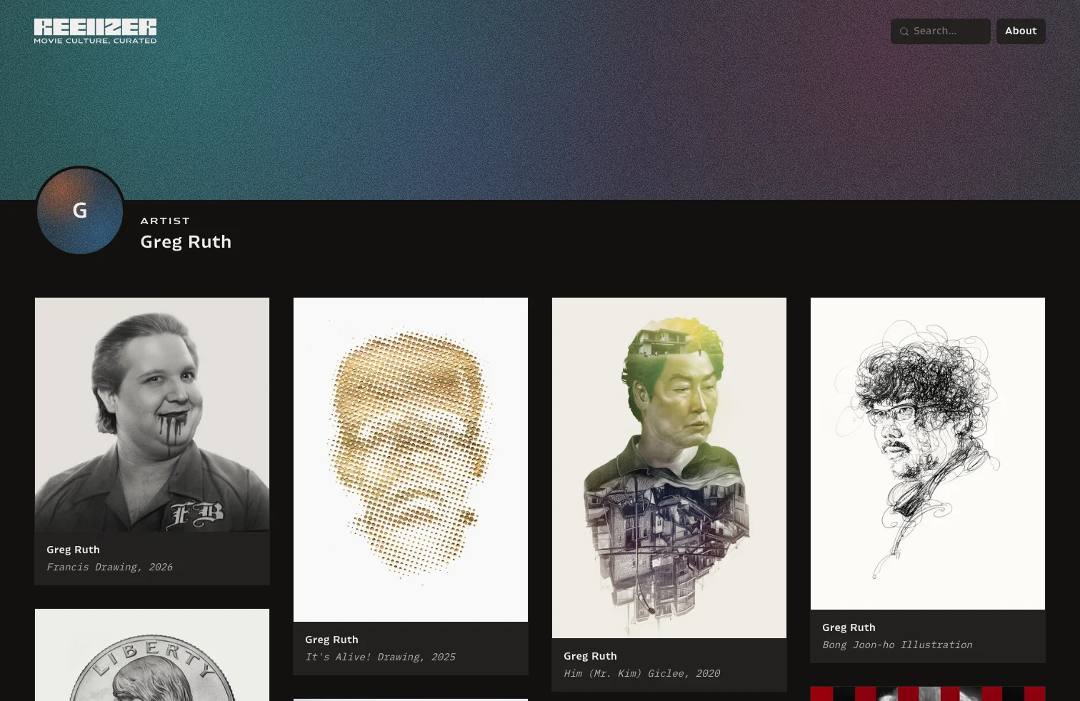 Artist page for Greg Ruth, showing a generated gradient hero and a grid of his illustrations and drawings.