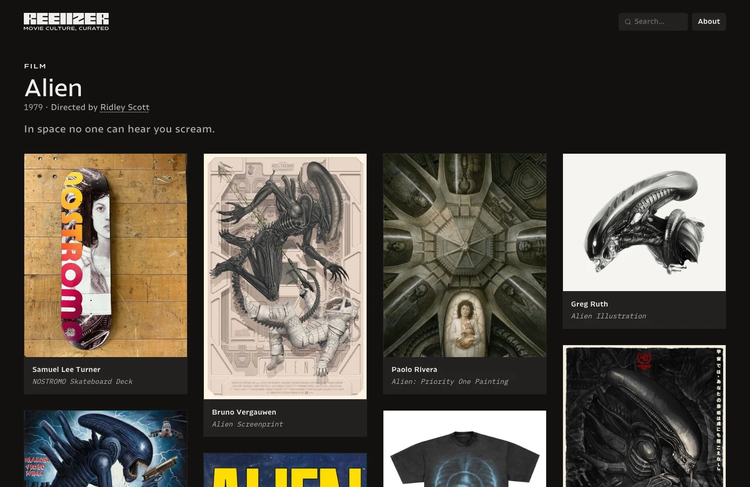 Film page for Alien (1979), a grid of works spanning six mediums.