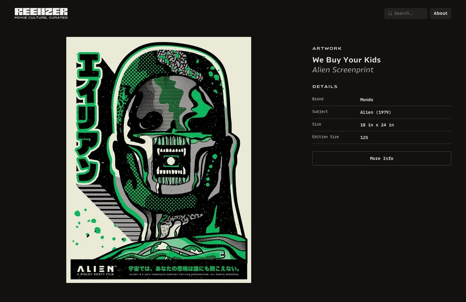 Work page for the We Buy Your Kids Alien screenprint, with its details table.
