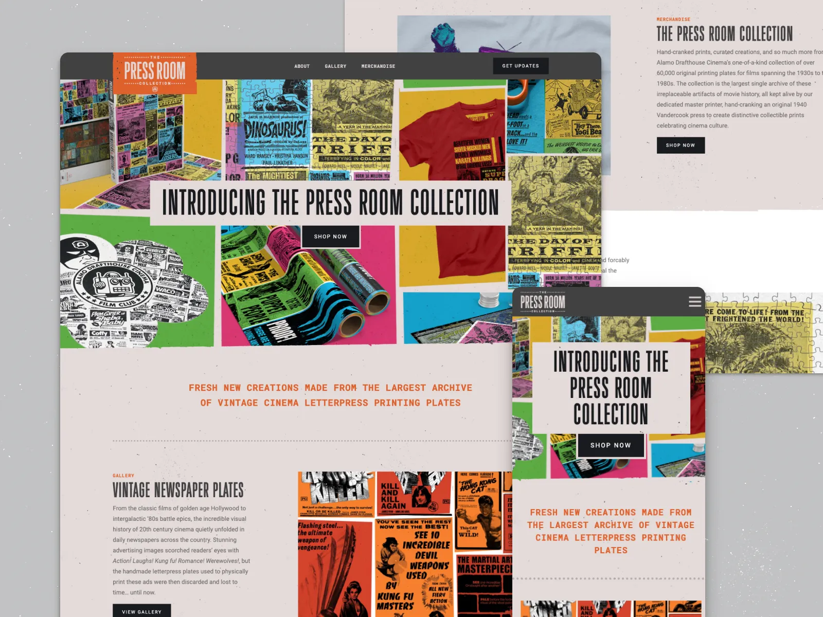 Homepage and product browsing — warm paper tones and minimal type let the letterpress plates carry visual weight without competing for attention.