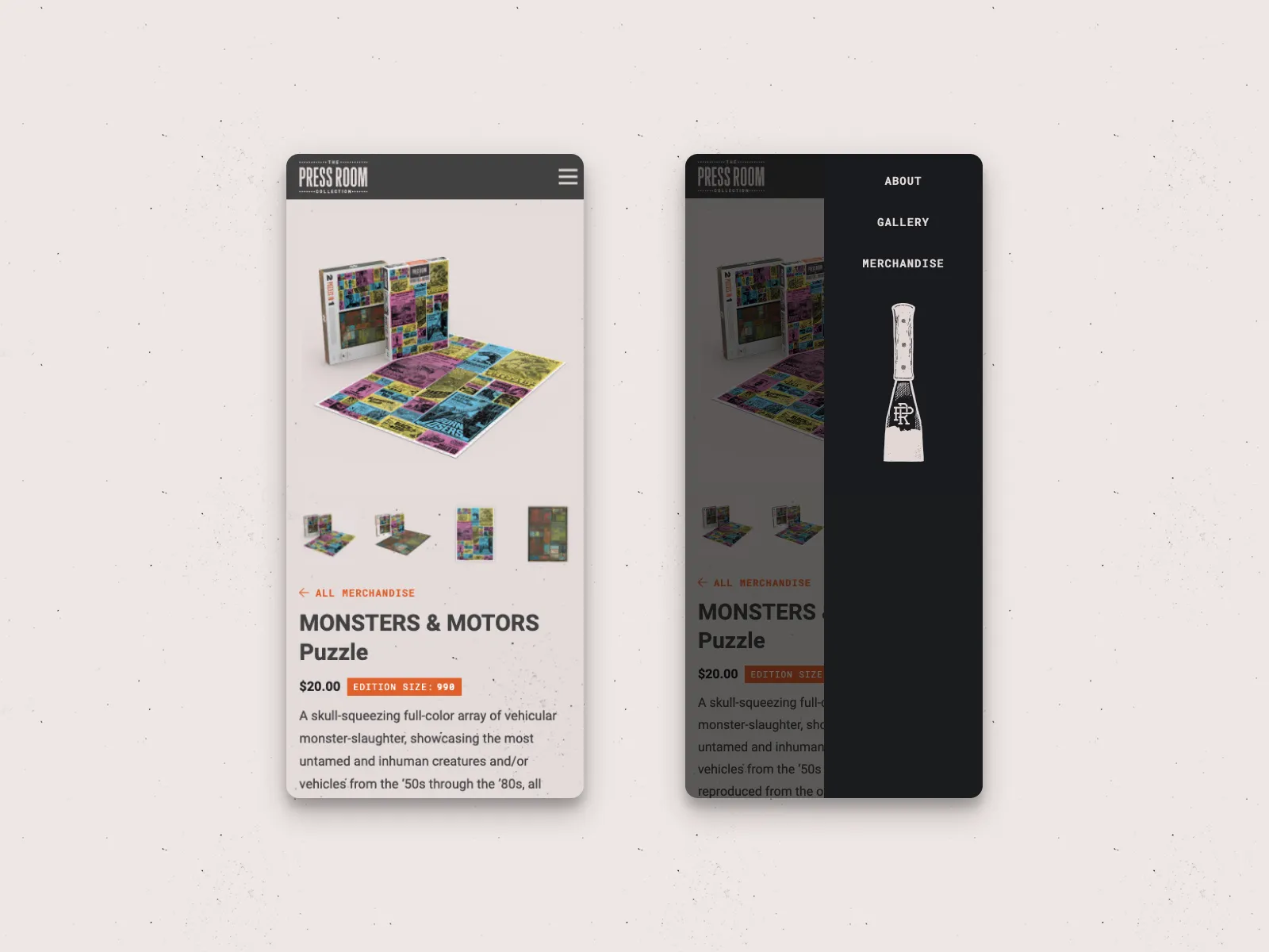Mobile catalog — the collection browses as a collection, not a feed. No algorithmic sorting.